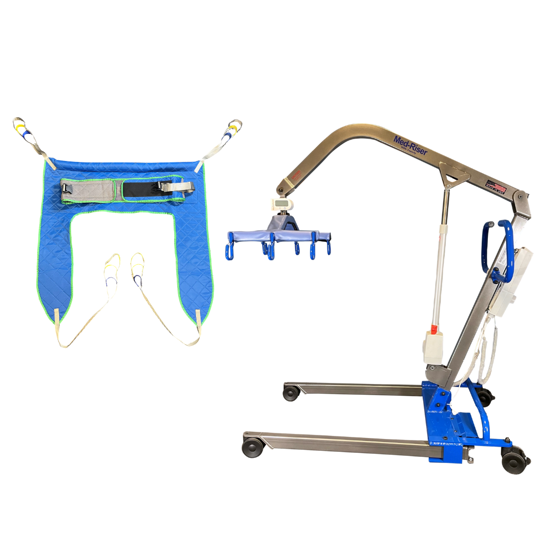 The Med-Mizer MedRiser 600 Patient Lift features a blue and green fabric sling on the left and a wheeled hydraulic lifting device on the right, ensuring safe transfers for individuals with mobility limitations.